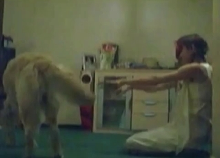 Masked whore is satisfying an animal